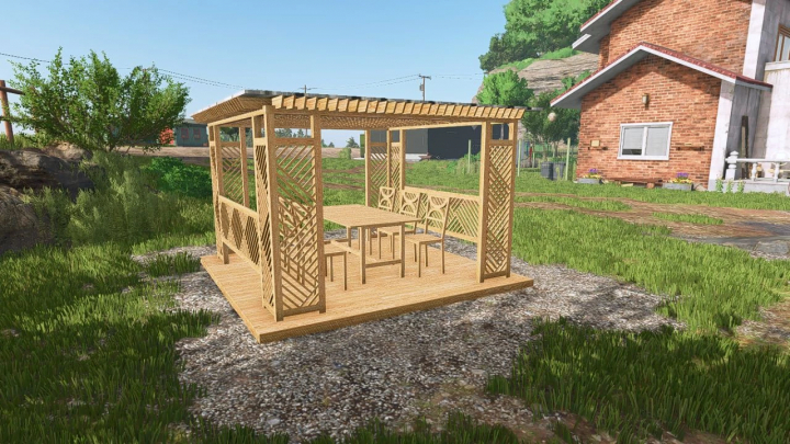 fs25-mods, Farming Simulator 25 mod: Placeable Garden Place v1.0.0.1, wooden outdoor garden gazebo with table and chairs, placed on grassy ground.