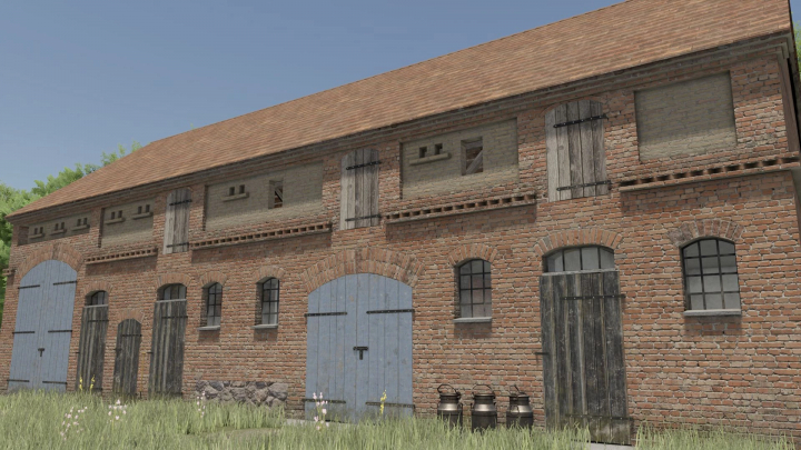 fs25-mods,  Farming Simulator 25 mods: Post German Cow shed v1.0.0.0, a rustic brick building with wooden doors and small windows, part of FS25 mods.