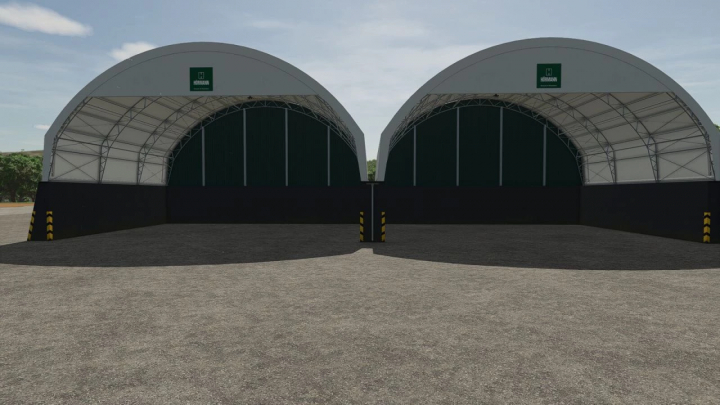 fs25-mods, FS25 mod: Rudolf Hörmann rounded shed v1.0.0.0 for Farming Simulator 25, featuring two large green storage tents with black bases.