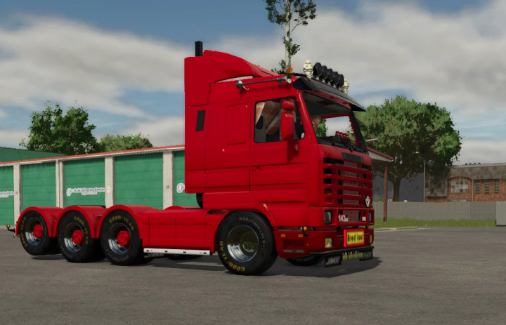 fs25-mods, Farming Simulator 25 mod: Red Scania 143 truck with detailed cab, multiple wheels, and realistic design in a parking lot setting.