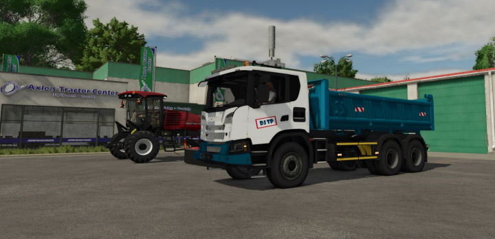 fs25-mods, Farming Simulator 25 mod featuring a white and blue SCANIA xt truck in front of Axle's Tractor Center.