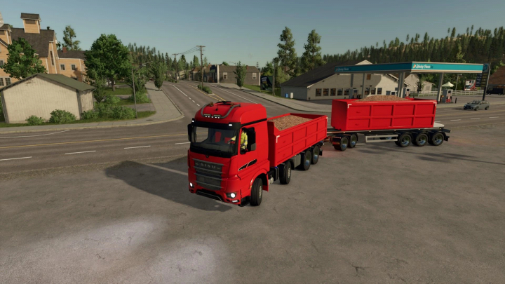 fs25-mods,  Red Sisu truck with a Swapbody Pack mod from Farming Simulator 25, hauling cargo on a rural road.