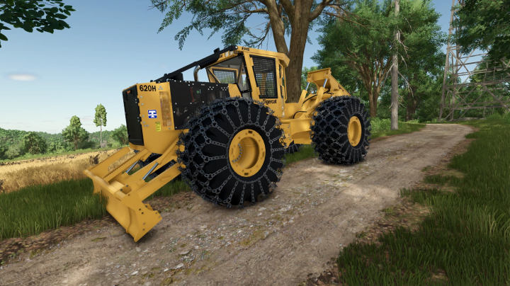 fs25-mods, Farming Simulator 25 mod: TigerCat 630HSeries with track chains, yellow construction vehicle on dirt path in a rural setting.