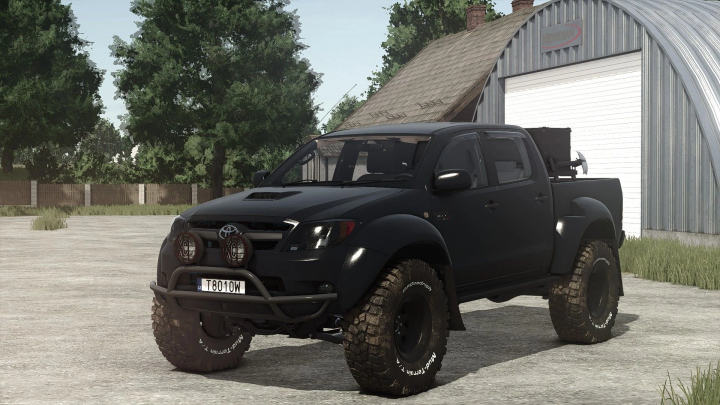 fs25-mods, Farming Simulator 25 mod: Toyota Hilux Arctic pickup truck with off-road tires and black matte finish.