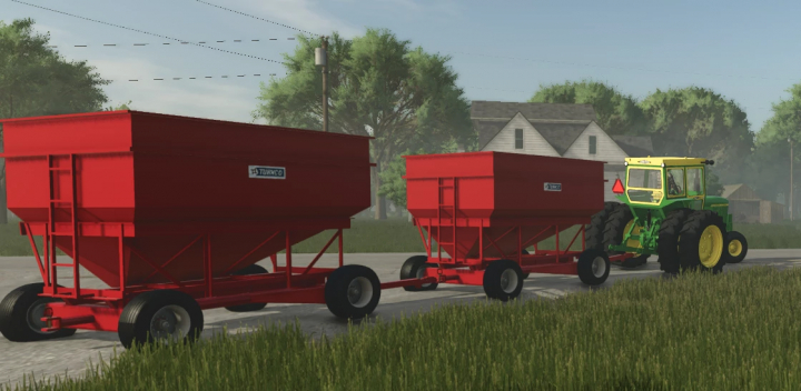 fs25-mods, Farming Simulator 25 mod featuring Turnco Gravity Wagons v1.0.0.0 attached to a tractor on a farm lane.