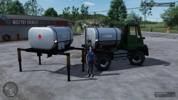 fs25-mods, Farming Simulator 25 mods: Unimog U400 with fuel tank trailer and character standing beside, set outdoors near a farm shop.