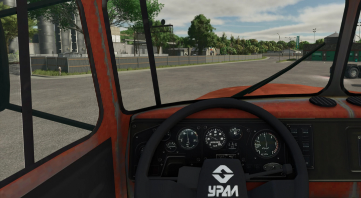 fs25-mods,  Interior view of a Ural 4320 truck with a trailer mod in Farming Simulator 25, showing the dashboard and windshield.