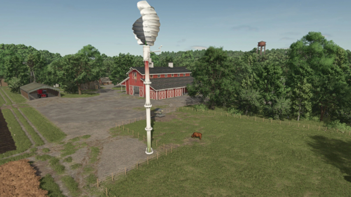 fs25-mods, Farming Simulator 25 mod: Vertical Windturbine Lizard H15 v1.0.0.0 installed near a red barn on a farm with lush trees and grazing horse.