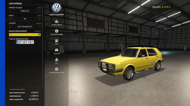 fs25-mods, Image from Farming Simulator 25 showing a yellow Volkswagen Golf II Country mod inside a warehouse, with game interface details.