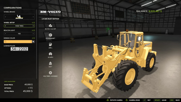 fs25-mods, Farming Simulator 25 mod: Volvo LM 845 Rust Edition 1.0.0.0, yellow wheel loader with detailed specifications and customizable configurations.