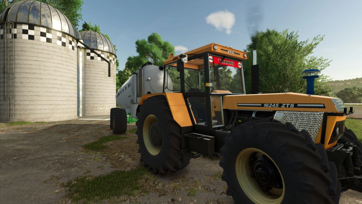 fs25-mods, Farming Simulator 25 mod featuring a Zetor ZTS 16245 Turbo tractor next to silos, showcasing realistic farming equipment.