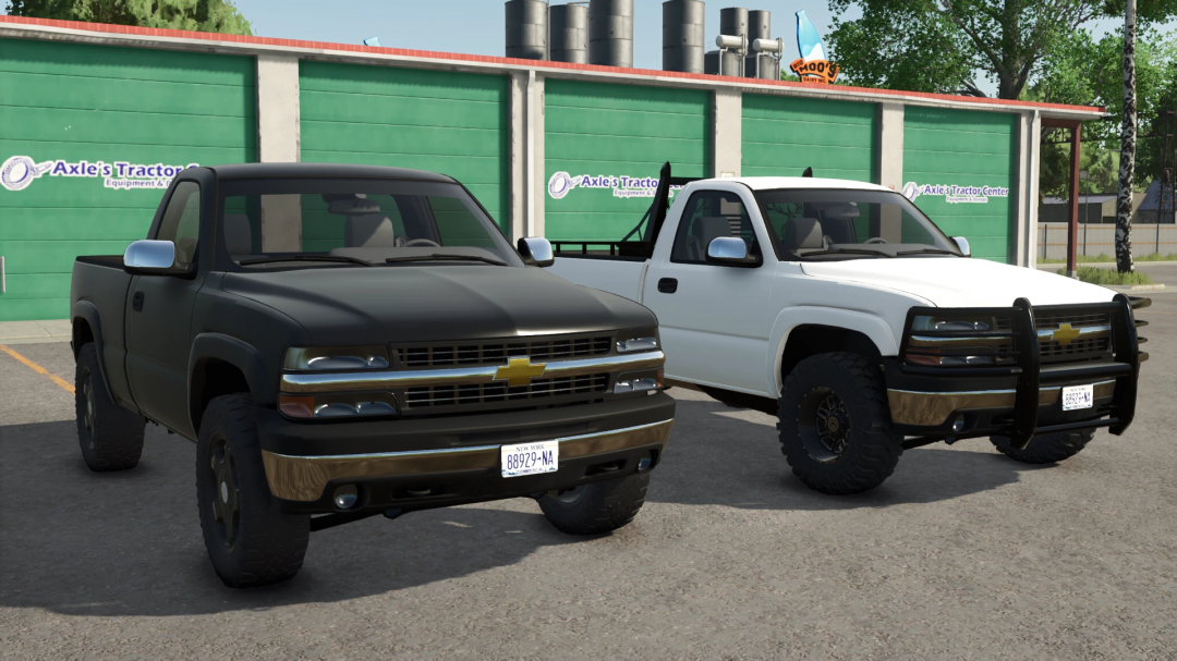 Two Chevrolet Silverado 1500 trucks in Farming Simulator 25 with custom textures, parked in front of Axle's Tractor Center.