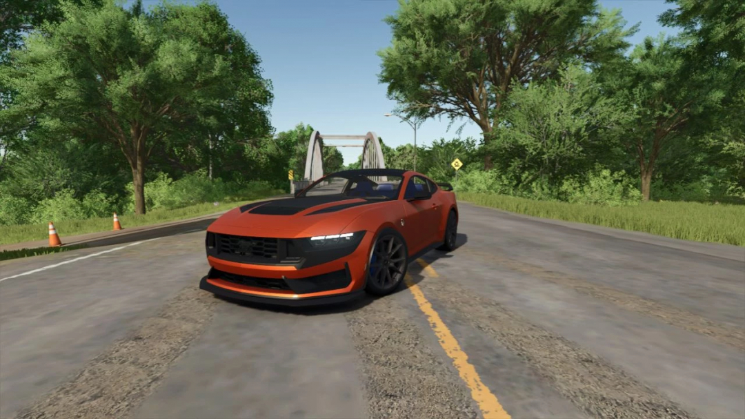 Farming Simulator 25 mod: 2024 Ford Mustang Dark Horse v1.0.0.0 on the game, showing a customized sports car on a rural road.