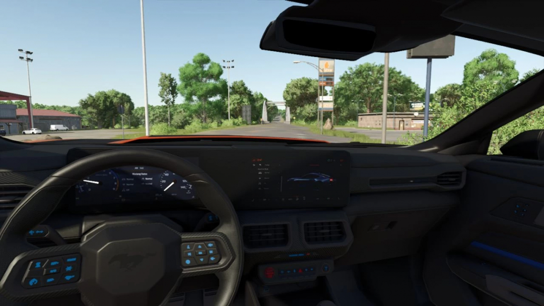 Inside view of a Ford Mustang Dark Horse mod from Farming Simulator 25, showing the dashboard and steering wheel.