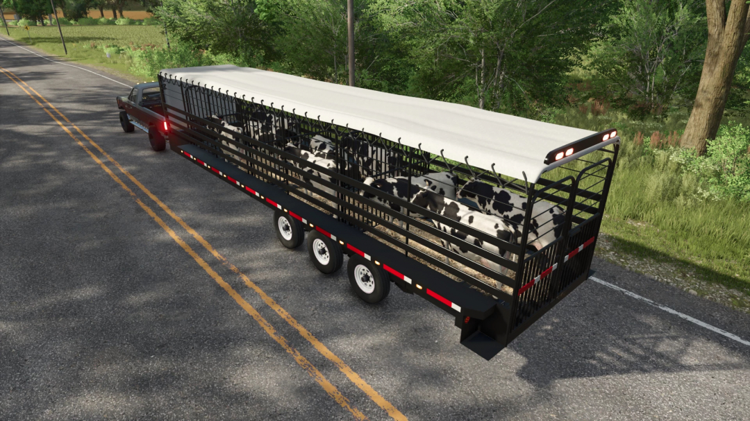 Farming Simulator 25 mod: 32FT Wilson Gooseneck Trailer carrying cows, detailed with black siding, white canopy, and lighting for realistic gameplay.