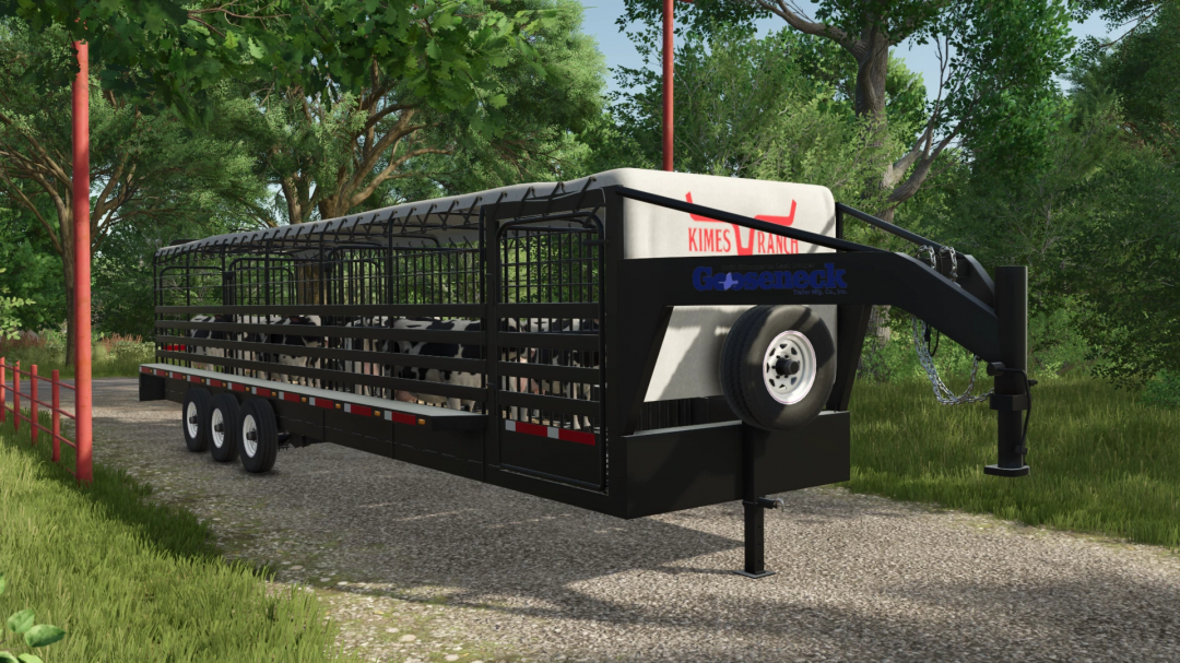 Farming Simulator 25 mod: 32FT Wilson Gooseneck Trailer v1.0.0.0 with cattle inside, parked on a farm road.