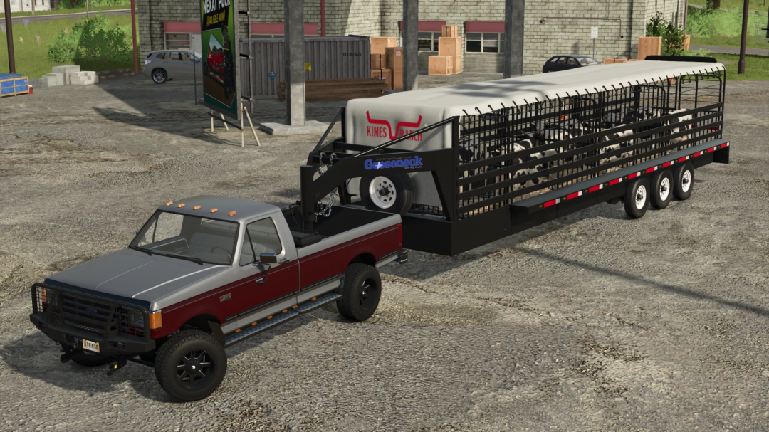 Farming Simulator 25 mod: Ford pickup truck with a gooseneck trailer carrying calves, part of the FS25 mods collection.