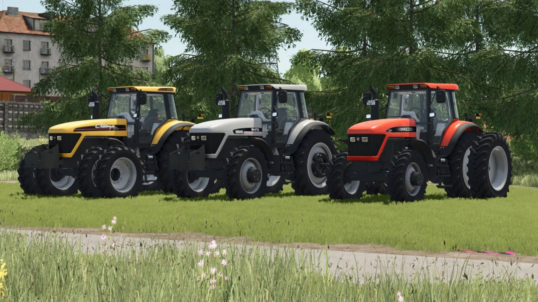 Three different colored FARMING SIMULATOR 25 tractors with large tires parked on a grassy area, showcasing the AGCO Large Frames mod.
