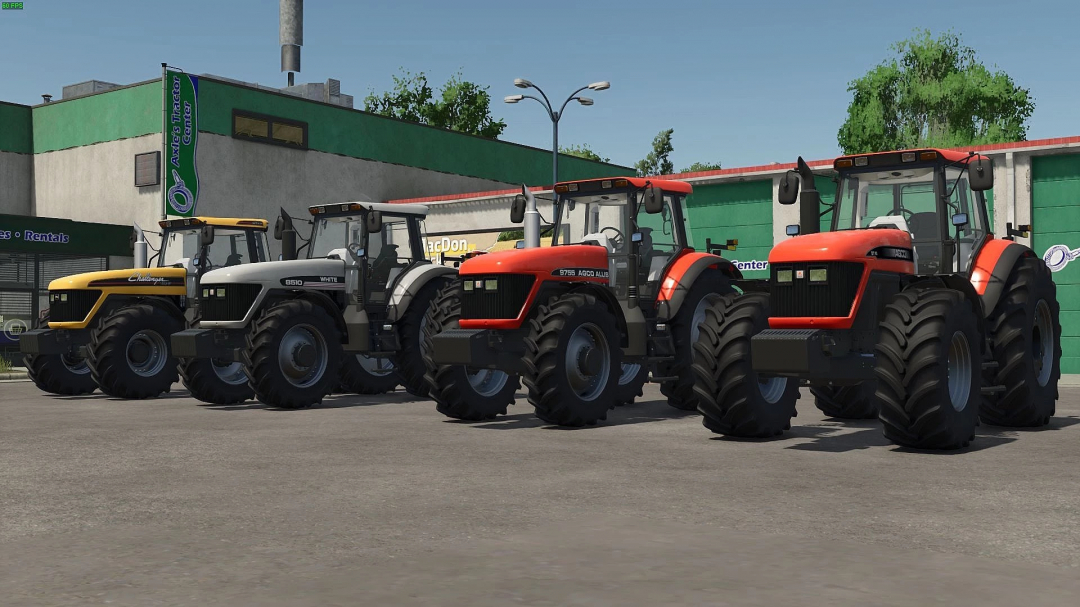 Four tractors from Farming Simulator 25 with AGCO large frames mods parked in a lot.
