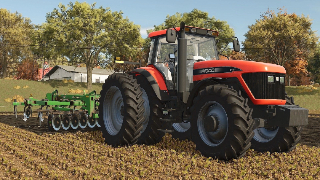 Farming Simulator 25 mod featuring a red AGCO tractor with large tires, attached to a green John Deere cultivator, in a farm field.