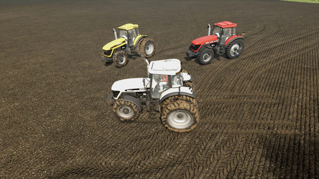 Trio of white, yellow, and red tractors in a Farming Simulator 25 mod scene on plowed farmland.