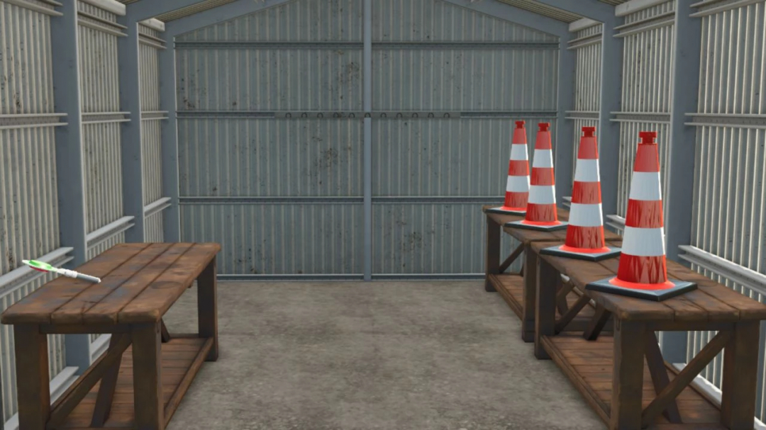 Farming Simulator 25 mods, active object hand tool in storage with traffic cones on tables.
