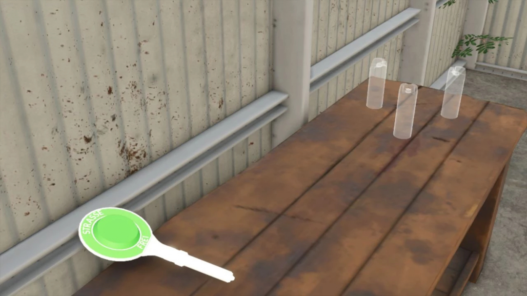 Farming Simulator 25 mod: Active Object Hand Tool v1.0.0.0, a virtual hand tool placed on a wooden table in the game environment.