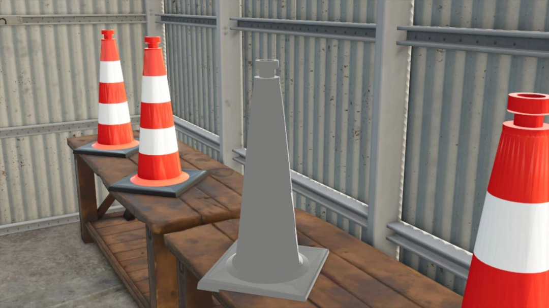 Farming Simulator 25 mod image showing traffic cones and a hand tool for active object handling in FS25.