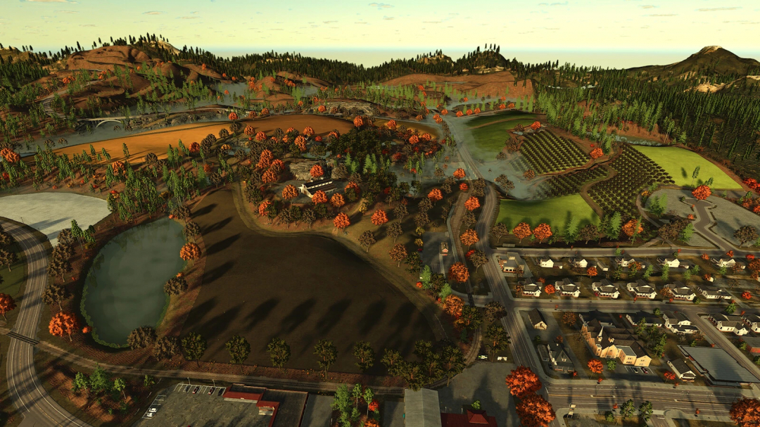 A scenic view in Farming Simulator 25 with autumn foliage, a pond, roads, houses, and farmland, showcasing the AgroForests v1.0.0.0 mod.