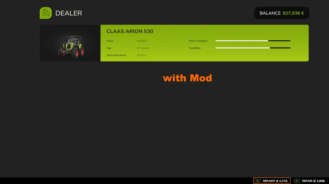 Farming Simulator 25 mod screenshot showing a CLAAS ARION 530 tractor with green highlight, dealer interface, and balance display.