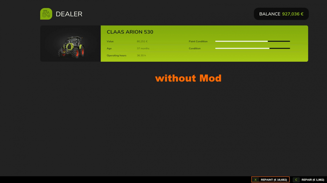 Screenshot comparing a tractor in Farming Simulator 25 with and without the AutoRepaint mod, showing visual and cost differences.
