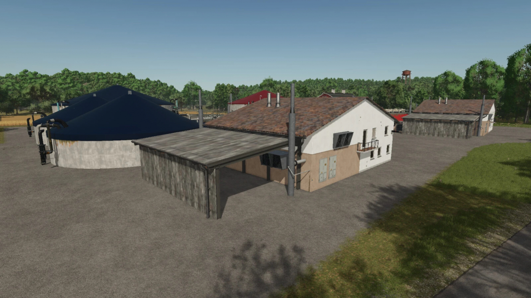 Farming Simulator 25 mods, BGA Complex v1.0.0.0, farm buildings with biogas plant tanks and silos, detailed rural environment.