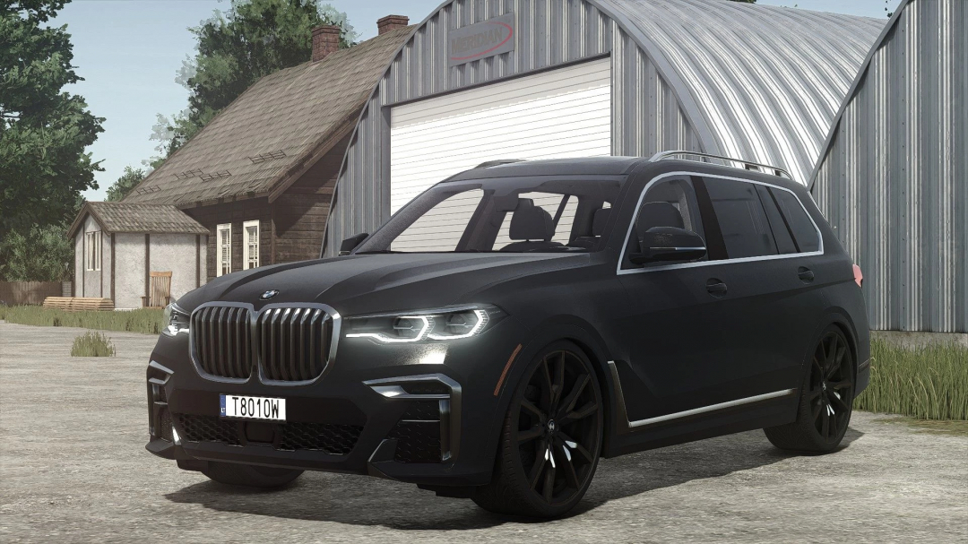 Black BMW X7 M50i SUV mod from Farming Simulator 25, featuring modern design with large grille and sleek headlights, parked outdoors.