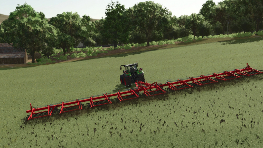 Farming Simulator 25 mod: Tractor with Bourgault XR770 Harrow implement cultivating a green field.
