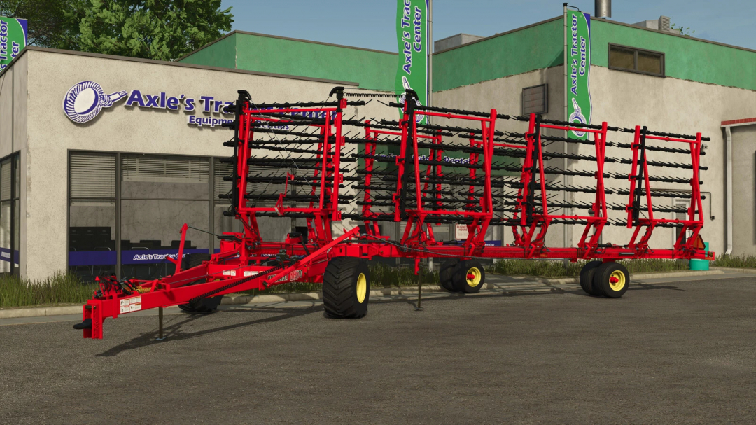 Farming Simulator 25 mods: Bourgault XR770 Harrow v1.0.0.0 displayed outside Axle's Tractors equipment store.