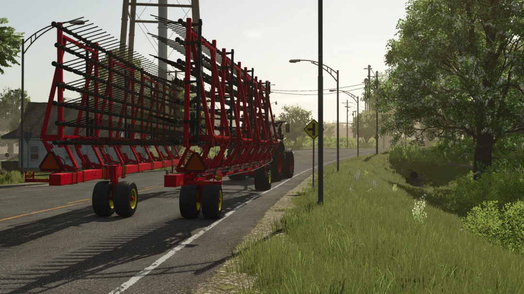 Farming Simulator 25 mod: Bourgault XR770 Harrow v1.0.0.0 on a rural road, agricultural equipment for soil preparation.