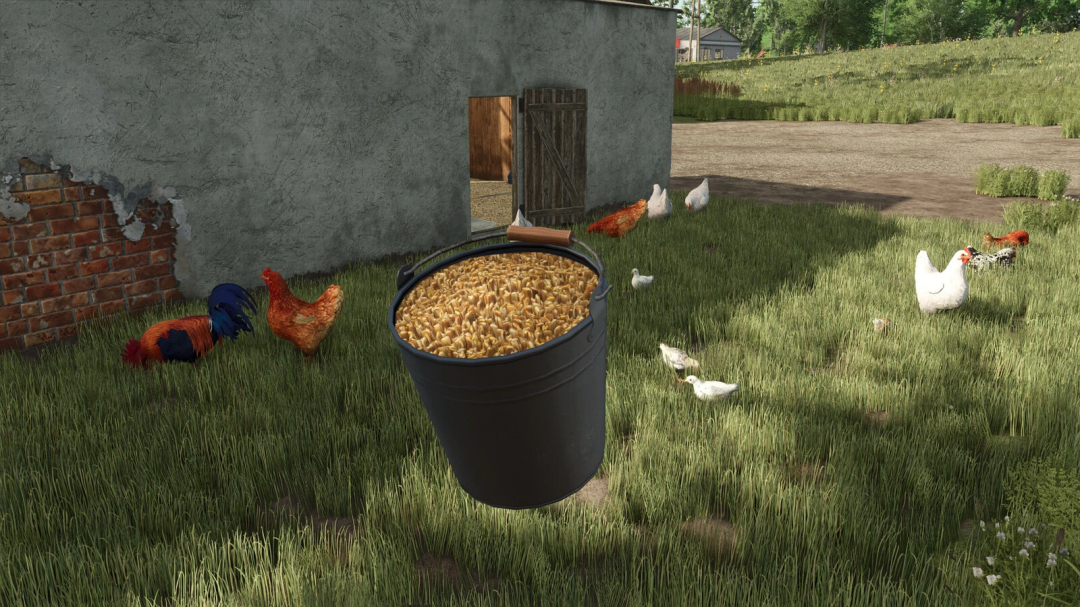 Farming Simulator 25 mod: Buckets Pack v1.1.0.0 with a bucket filled with grains near a chicken coop.