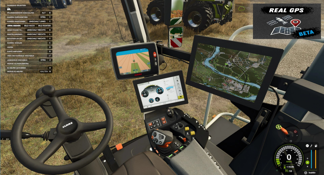 Inside view of a Farming Simulator 25 mod tractor dashboard with GPS screens, control panels, and a steering wheel.