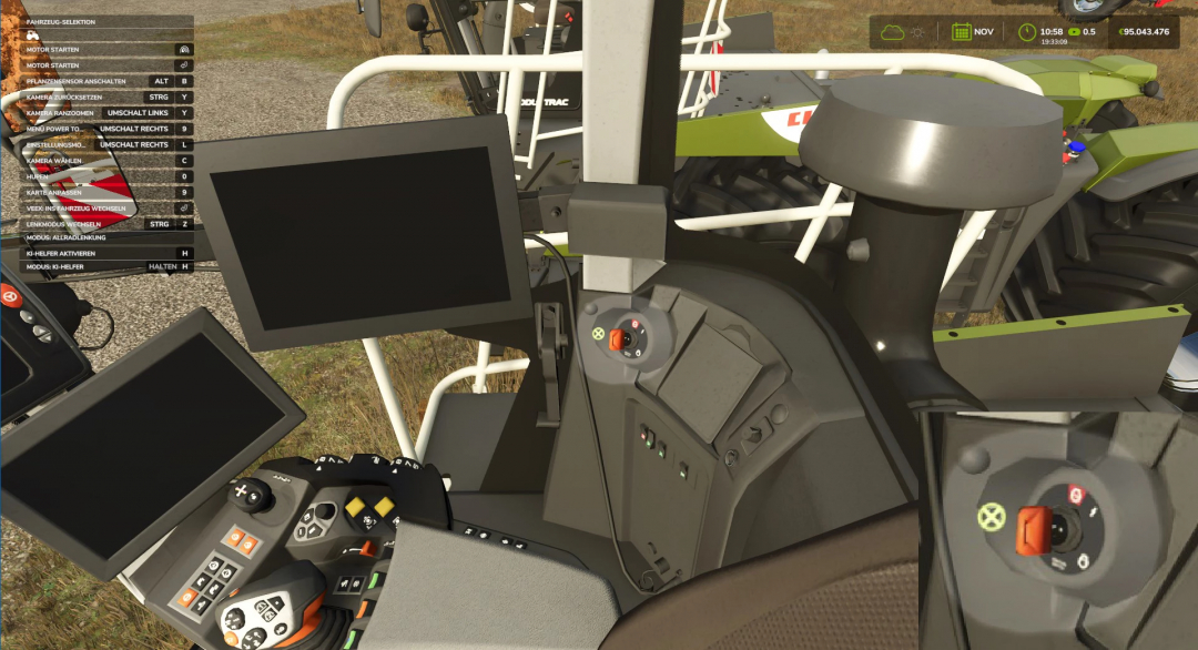 Interior of a Farming Simulator 25 mod tractor showing multiple screens, control panel, and dashboard for FS25 mods, including the CLAAS SADDLE TRAC Pack Xerion4200 WobbyTec.