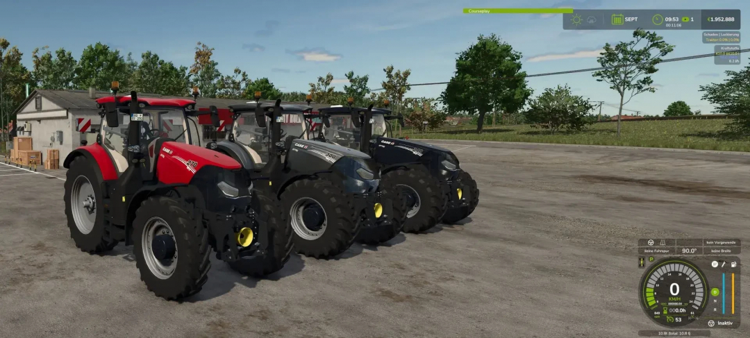 Four Case IH tractors from Farming Simulator 25 mods, parked on a farm with trees and a small shed in the background.