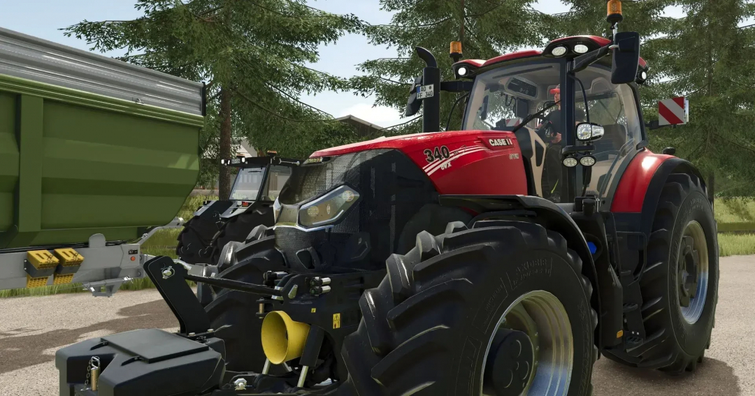 Farming Simulator 25 mod featuring a red Case IH Optum AFS tractor attached to a green trailer, with detailed machinery and forestry background.