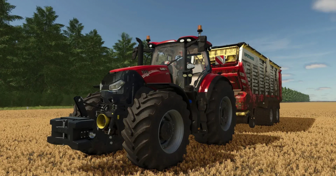 Farming Simulator 25 mod featuring a Case IH Optum AFS, Steyr Terrus CVT, and New Holland T7 HD in a wheat field.