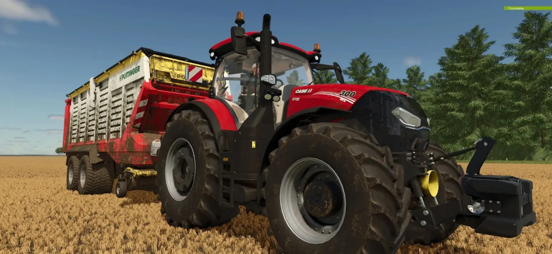Farming Simulator 25 mod: Red Case IH Optum AFS tractor with attached harvest trailer in a wheat field.