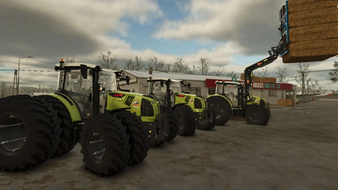 Three Claas Arion 4 Competition tractors with a front loader in Farming Simulator 25, showcasing FS25 mods.
