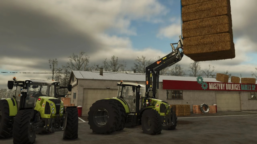 Farming Simulator 25 mod featuring Claas Arion 4 Competition with front loader lifting hay bales, realistic farm equipment scene.