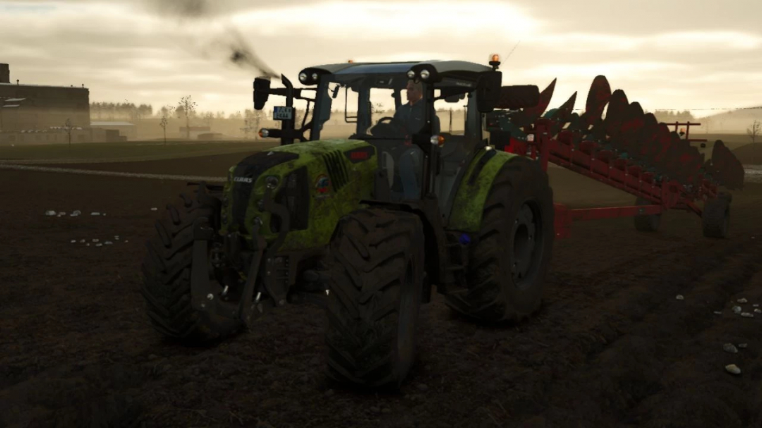 Farming Simulator 25 mod: Claas Arion 4 Competition tractor with red cultivator, realistic farm scenery, in-game farming setup.