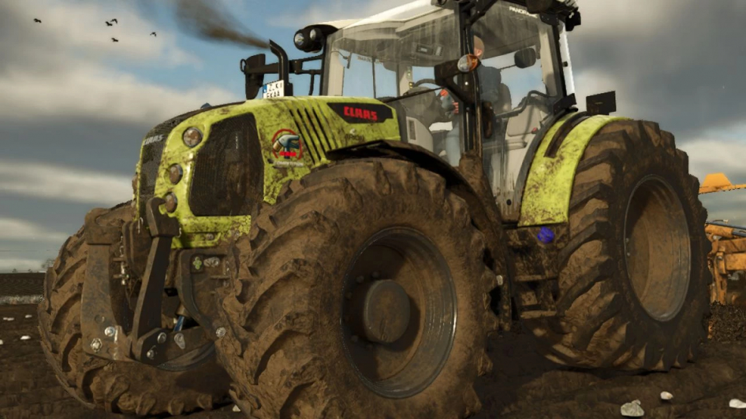 Claas Arion 4 Competition tractor in Farming Simulator 25 mods, with dirt-covered tires and a cloudy sky backdrop.