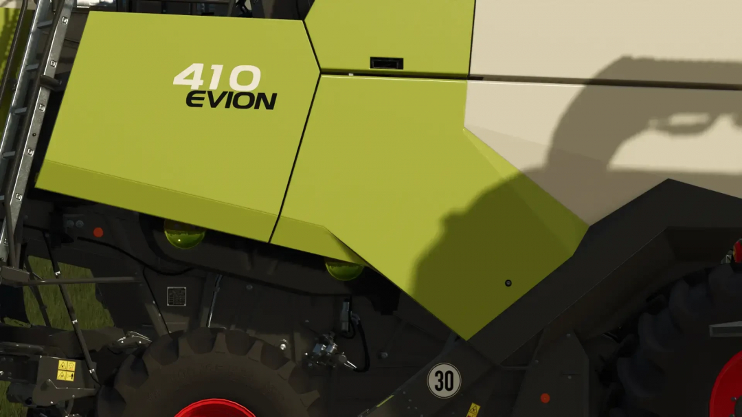 Close-up of a Claas Evion 410 combine harvester from Farming Simulator 25 mods, showing green and black details.
