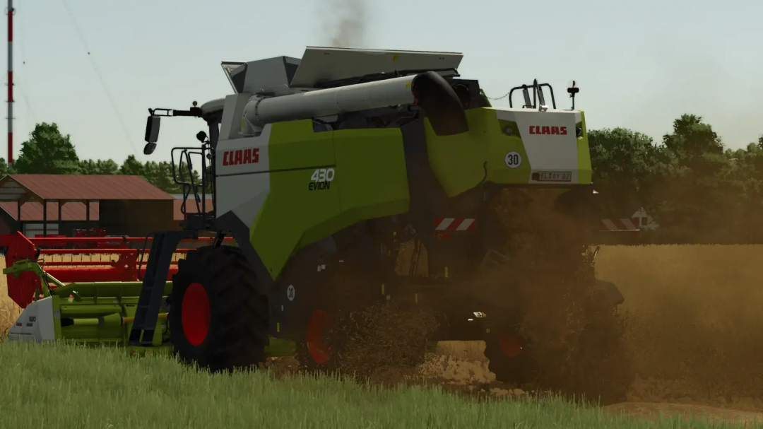 FS25 mod: Claas Evion Pack v1.2.1.0, a large green Claas combine harvester working in a field with dust and crop debris.