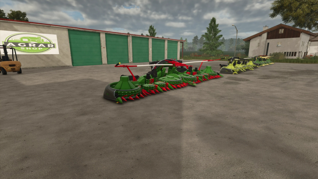 Farming Simulator 25 mods: Claas Orbis 900 grass cutter machines parked outside a farm building.